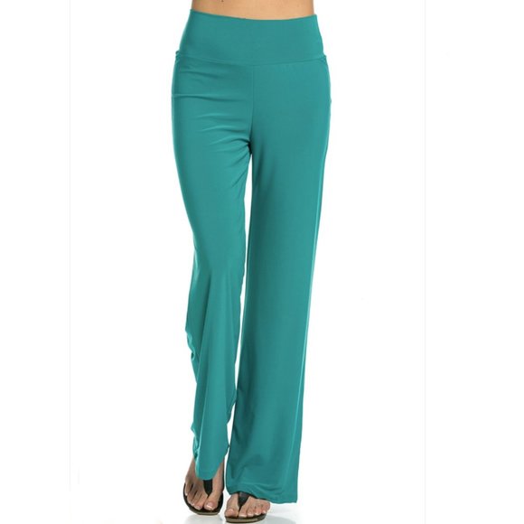 Azules Women's Poly Span Comfy Stretch Palazzo Pants, S,M,L,XL,Jade, Made in USA - Picture 4 of 4